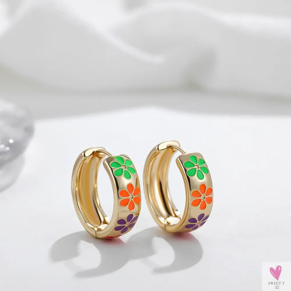 Vintage Enameled Flower Small Hoop Earrings - Trendy Geometric Statement, Round Circular Huggie Earrings for Women and Girls-earrings-SWEET T 52