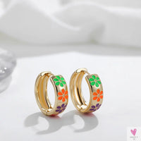 Vintage Enameled Flower Small Hoop Earrings - Trendy Geometric Statement, Round Circular Huggie Earrings for Women and Girls-earrings-SWEET T 52