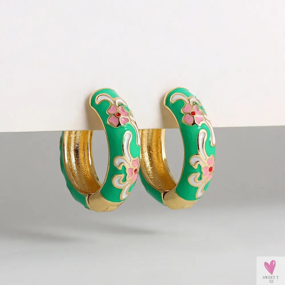 Vintage Enameled Flower Small Hoop Earrings - Trendy Geometric Statement, Round Circular Huggie Earrings for Women and Girls-earrings-SWEET T 52