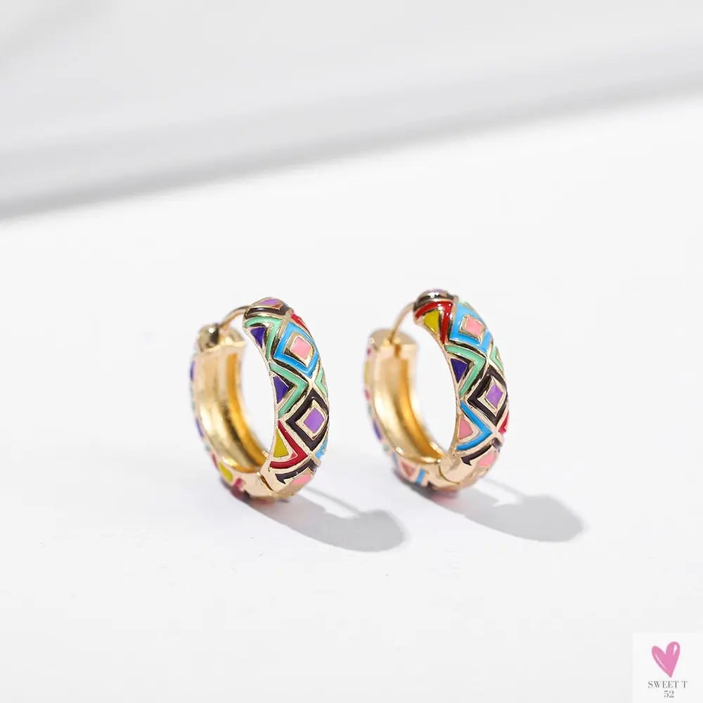 Vintage Enameled Flower Small Hoop Earrings - Trendy Geometric Statement, Round Circular Huggie Earrings for Women and Girls-earrings-SWEET T 52