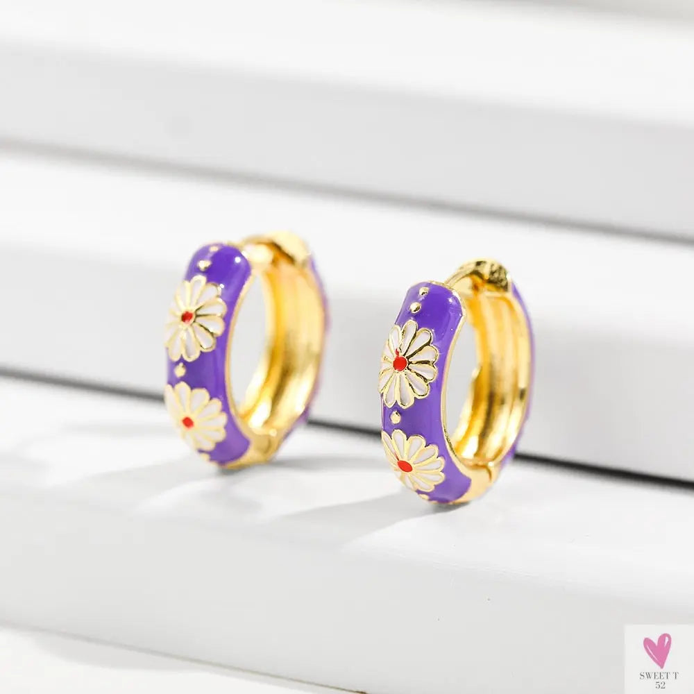 Vintage Enameled Flower Small Hoop Earrings - Trendy Geometric Statement, Round Circular Huggie Earrings for Women and Girls-earrings-SWEET T 52