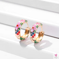Vintage Enameled Flower Small Hoop Earrings - Trendy Geometric Statement, Round Circular Huggie Earrings for Women and Girls-earrings-SWEET T 52