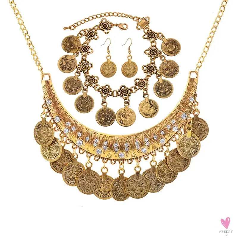 Vintage Engraved Coin Bib Statement Necklace - Boho Gold/Silver Plated Coins Tassel Bracelet, Chic Rhinestone Jewelry Sets for Women Sweet T 52