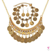 Vintage Engraved Coin Bib Statement Necklace - Boho Gold/Silver Plated Coins Tassel Bracelet, Chic Rhinestone Jewelry Sets for Women Sweet T 52