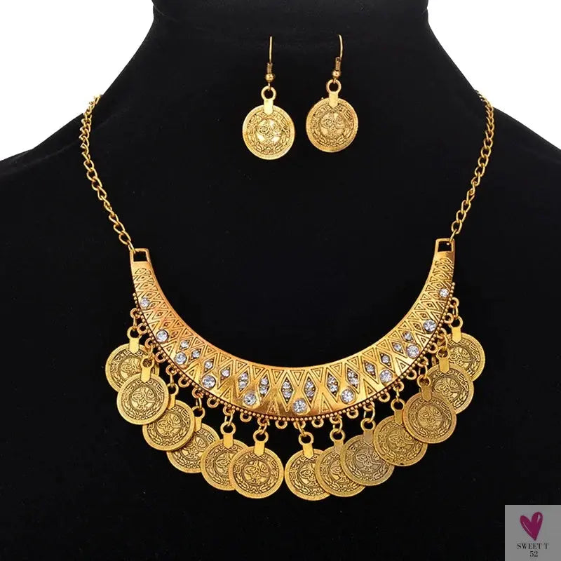 Vintage Engraved Coin Bib Statement Necklace - Boho Gold/Silver Plated Coins Tassel Bracelet, Chic Rhinestone Jewelry Sets for Women Sweet T 52