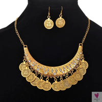Vintage Engraved Coin Bib Statement Necklace - Boho Gold/Silver Plated Coins Tassel Bracelet, Chic Rhinestone Jewelry Sets for Women Sweet T 52