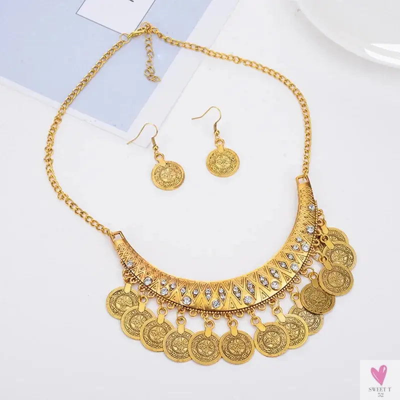 Vintage Engraved Coin Bib Statement Necklace - Boho Gold/Silver Plated Coins Tassel Bracelet, Chic Rhinestone Jewelry Sets for Women Sweet T 52