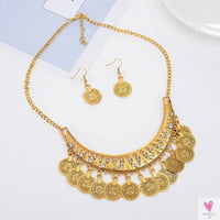 Vintage Engraved Coin Bib Statement Necklace - Boho Gold/Silver Plated Coins Tassel Bracelet, Chic Rhinestone Jewelry Sets for Women Sweet T 52