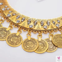 Vintage Engraved Coin Bib Statement Necklace - Boho Gold/Silver Plated Coins Tassel Bracelet, Chic Rhinestone Jewelry Sets for Women Sweet T 52