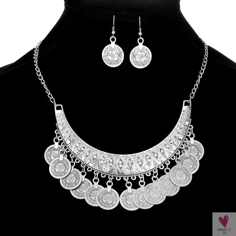 Vintage Engraved Coin Bib Statement Necklace - Boho Gold/Silver Plated Coins Tassel Bracelet, Chic Rhinestone Jewelry Sets for Women Sweet T 52