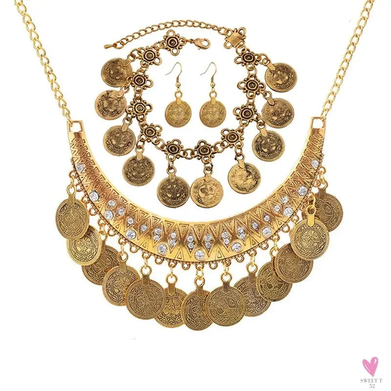 Vintage Engraved Coin Bib Statement Necklace - Boho Gold/Silver Plated Coins Tassel Bracelet, Chic Rhinestone Jewelry Sets for Women Sweet T 52