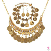 Vintage Engraved Coin Bib Statement Necklace - Boho Gold/Silver Plated Coins Tassel Bracelet, Chic Rhinestone Jewelry Sets for Women Sweet T 52