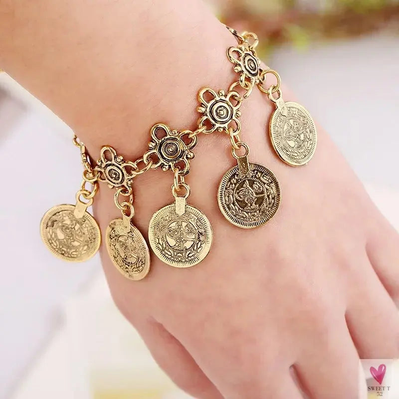 Vintage Engraved Coin Bib Statement Necklace - Boho Gold/Silver Plated Coins Tassel Bracelet, Chic Rhinestone Jewelry Sets for Women Sweet T 52