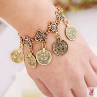Vintage Engraved Coin Bib Statement Necklace - Boho Gold/Silver Plated Coins Tassel Bracelet, Chic Rhinestone Jewelry Sets for Women Sweet T 52