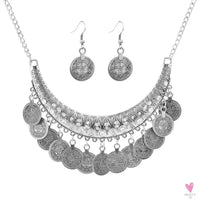 Vintage Engraved Coin Bib Statement Necklace - Boho Gold/Silver Plated Coins Tassel Bracelet, Chic Rhinestone Jewelry Sets for Women Sweet T 52