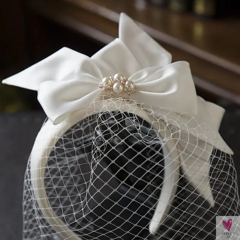 White Bridal Hairband - Mesh Satin Bow Headband, Vintage Fairy Bridal/Wedding Hair Accessory Sweet T 52