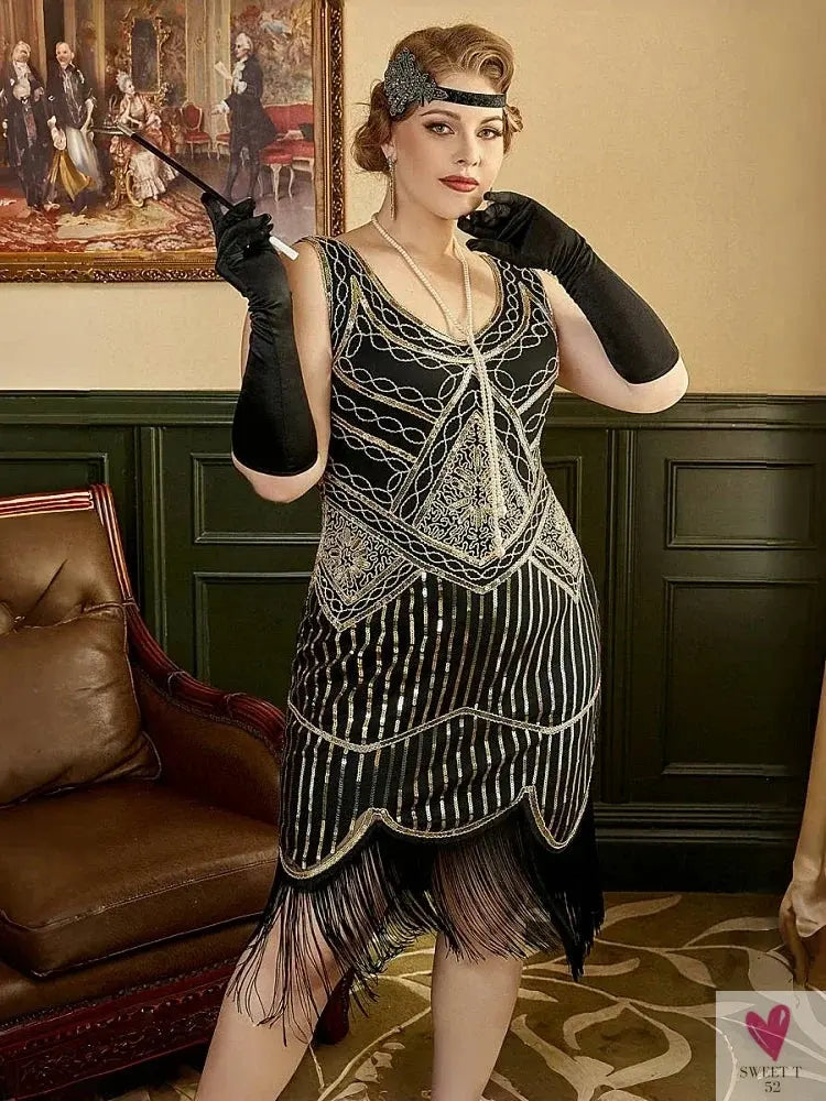 Women Party Dress 1920s Great Gatsby Flapper Dress V Neck Sleeveless Embellished Sequin Beaded Fringe Dress Vestidos Sweet T 52