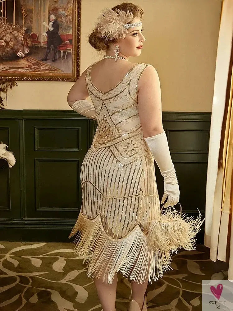 Women Party Dress 1920s Great Gatsby Flapper Dress V Neck Sleeveless Embellished Sequin Beaded Fringe Dress Vestidos Sweet T 52