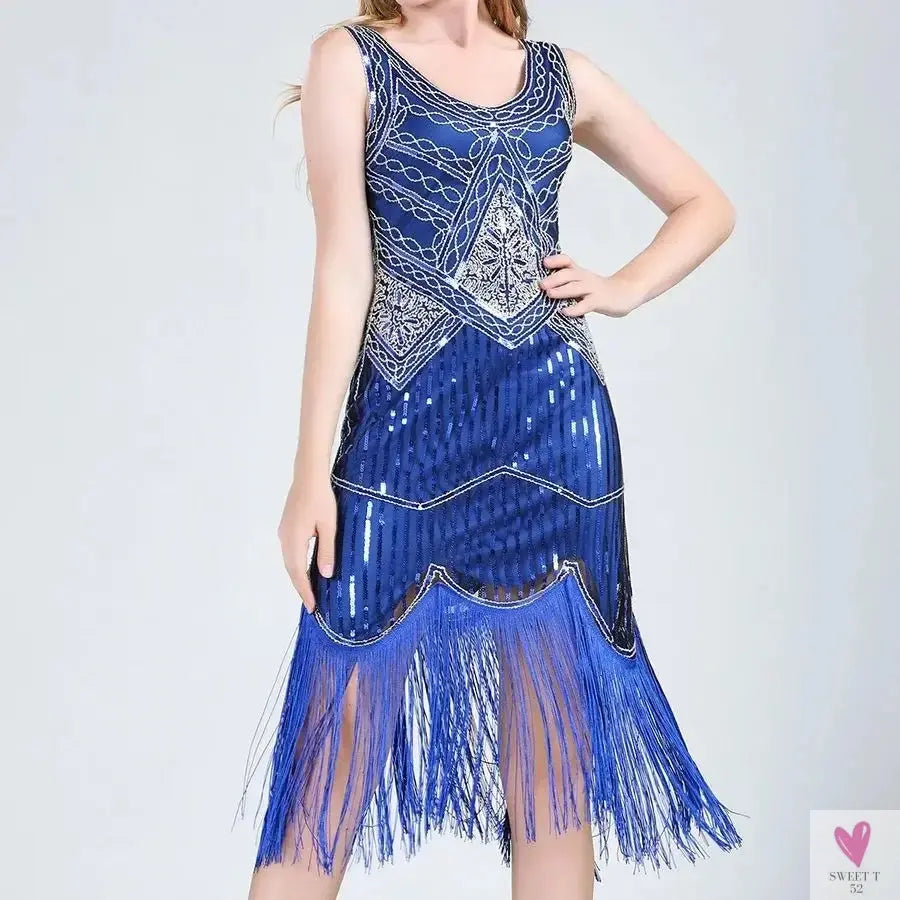 Women Party Dress 1920s Great Gatsby Flapper Dress V Neck Sleeveless Embellished Sequin Beaded Fringe Dress Vestidos Sweet T 52