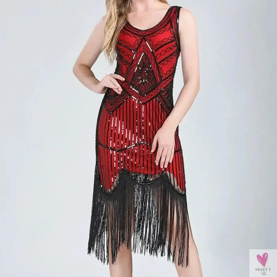 Women Party Dress 1920s Great Gatsby Flapper Dress V Neck Sleeveless Embellished Sequin Beaded Fringe Dress Vestidos Sweet T 52