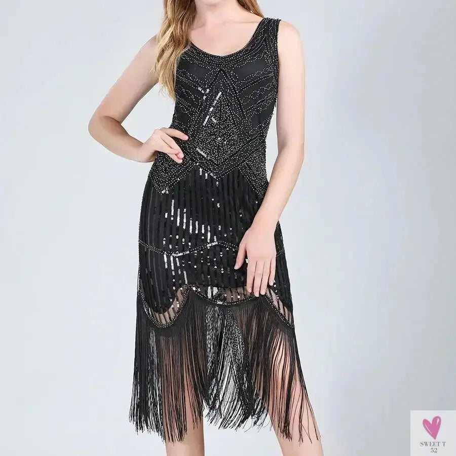 Women Party Dress 1920s Great Gatsby Flapper Dress V Neck Sleeveless Embellished Sequin Beaded Fringe Dress Vestidos Sweet T 52