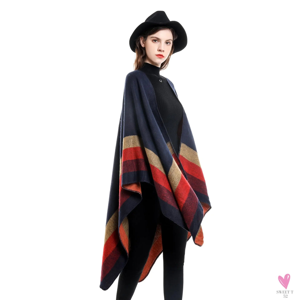 Women's Cashmere Feel Lady Shawl - Classic Striped Vintage Cape - Retro Cardigan/Cloak-Shirts & tops-SWEET T 52