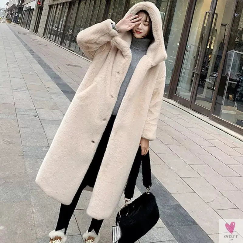 Women's Faux Rabbit Fur Coat, Luxury Long Fur Coat, Hooded OverCoat, Thick & Warm - Plus Sizes-Coats & Jackets-SWEET T 52