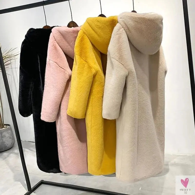 Women's Faux Rabbit Fur Coat, Luxury Long Fur Coat, Hooded OverCoat, Thick & Warm - Plus Sizes-Coats & Jackets-SWEET T 52