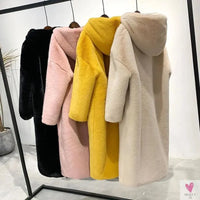 Women's Faux Rabbit Fur Coat, Luxury Long Fur Coat, Hooded OverCoat, Thick & Warm - Plus Sizes-Coats & Jackets-SWEET T 52