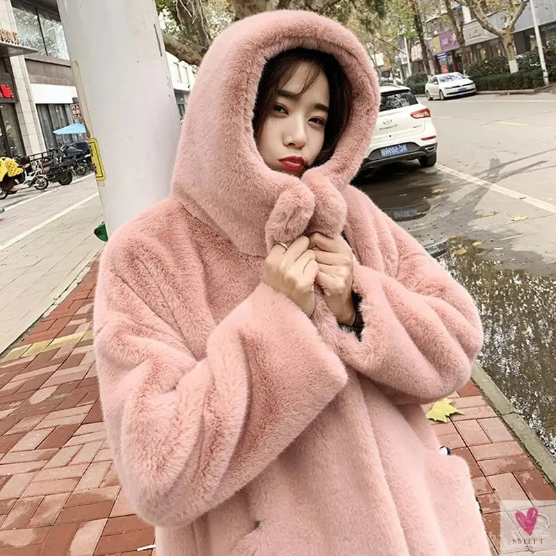 Women's Faux Rabbit Fur Coat, Luxury Long Fur Coat, Hooded OverCoat, Thick & Warm - Plus Sizes-Coats & Jackets-SWEET T 52