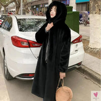 Women's Faux Rabbit Fur Coat, Luxury Long Fur Coat, Hooded OverCoat, Thick & Warm - Plus Sizes-Coats & Jackets-SWEET T 52