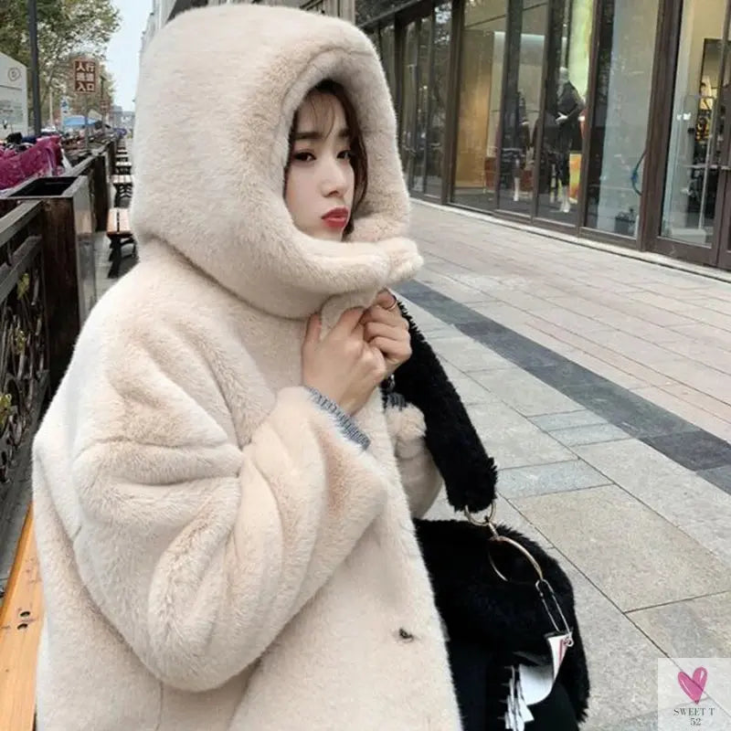 Women's Faux Rabbit Fur Coat, Luxury Long Fur Coat, Hooded OverCoat, Thick & Warm - Plus Sizes-Coats & Jackets-SWEET T 52