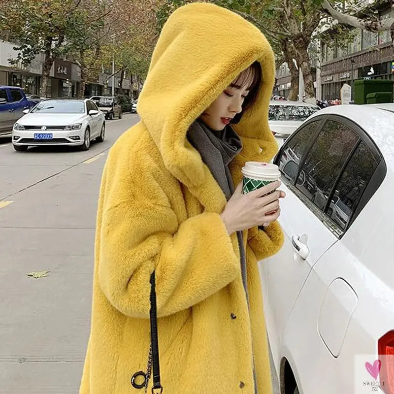 Women's Faux Rabbit Fur Coat, Luxury Long Fur Coat, Hooded OverCoat, Thick & Warm - Plus Sizes-Coats & Jackets-SWEET T 52