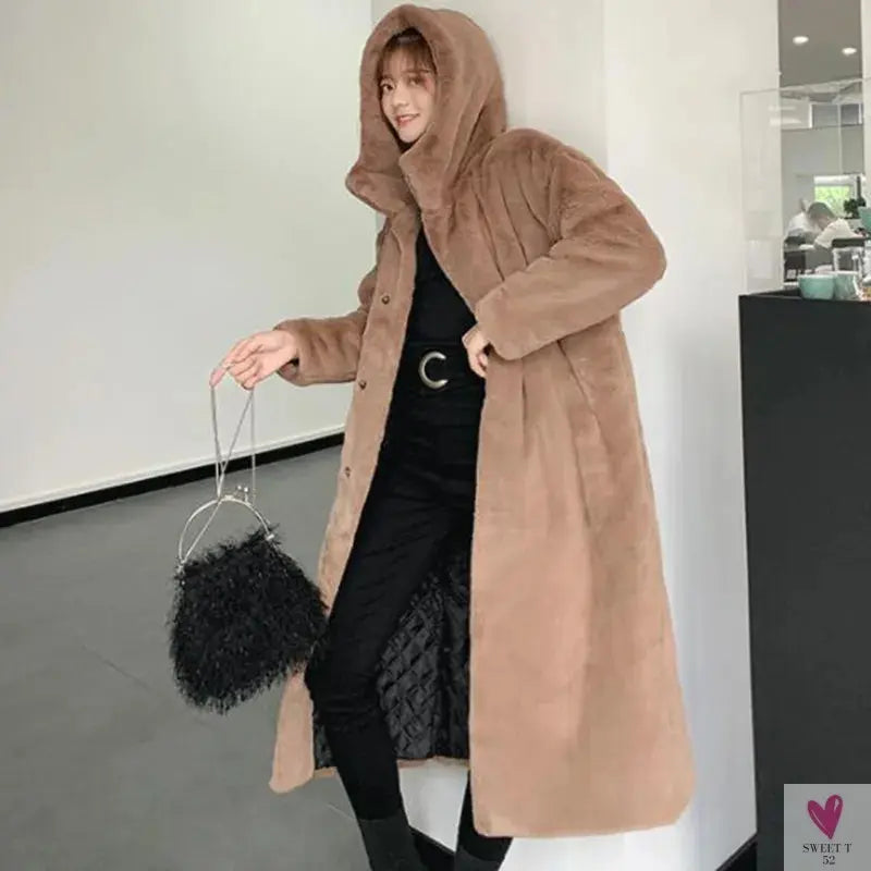Women's Faux Rabbit Fur Coat, Luxury Long Fur Coat, Hooded OverCoat, Thick & Warm - Plus Sizes-Coats & Jackets-SWEET T 52