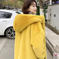 Women's Faux Rabbit Fur Coat, Luxury Long Fur Coat, Hooded OverCoat, Thick & Warm - Plus Sizes-Coats & Jackets-SWEET T 52