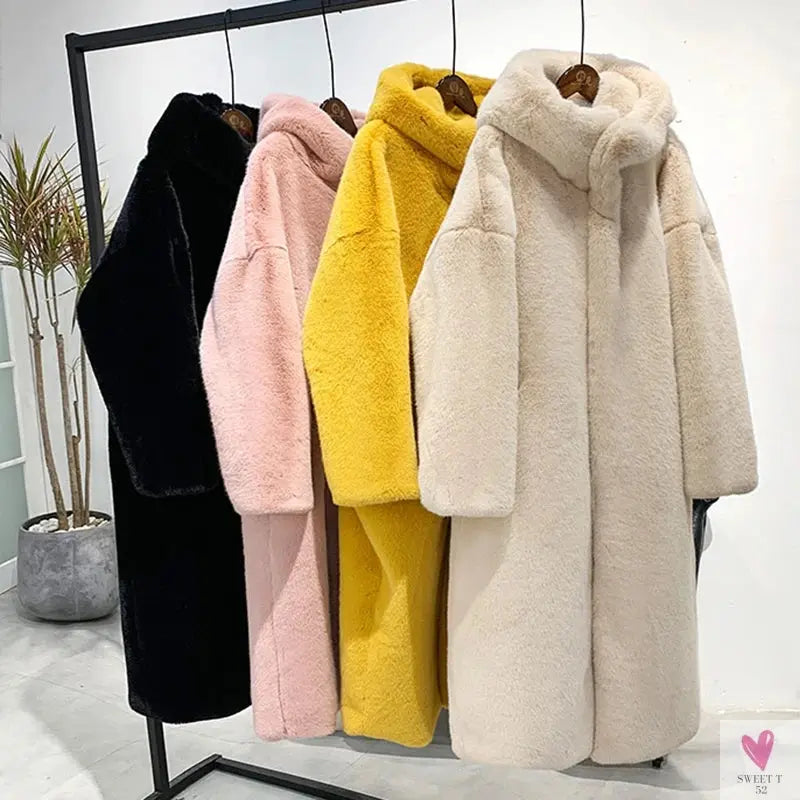 Women's Faux Rabbit Fur Coat, Luxury Long Fur Coat, Hooded OverCoat, Thick & Warm - Plus Sizes-Coats & Jackets-SWEET T 52