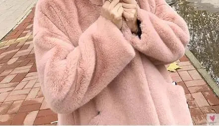 Women's Faux Rabbit Fur Coat, Luxury Long Fur Coat, Hooded OverCoat, Thick & Warm - Plus Sizes-Coats & Jackets-SWEET T 52