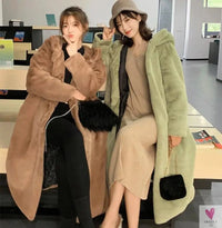Women's Faux Rabbit Fur Coat, Luxury Long Fur Coat, Hooded OverCoat, Thick & Warm - Plus Sizes-Coats & Jackets-SWEET T 52