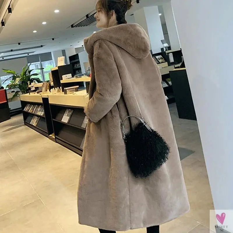 Women's Faux Rabbit Fur Coat, Luxury Long Fur Coat, Hooded OverCoat, Thick & Warm - Plus Sizes-Coats & Jackets-SWEET T 52