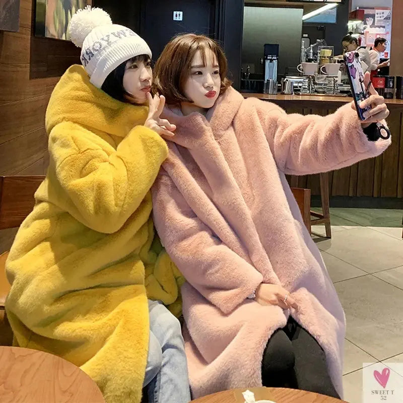 Women's Faux Rabbit Fur Coat, Luxury Long Fur Coat, Hooded OverCoat, Thick & Warm - Plus Sizes-Coats & Jackets-SWEET T 52