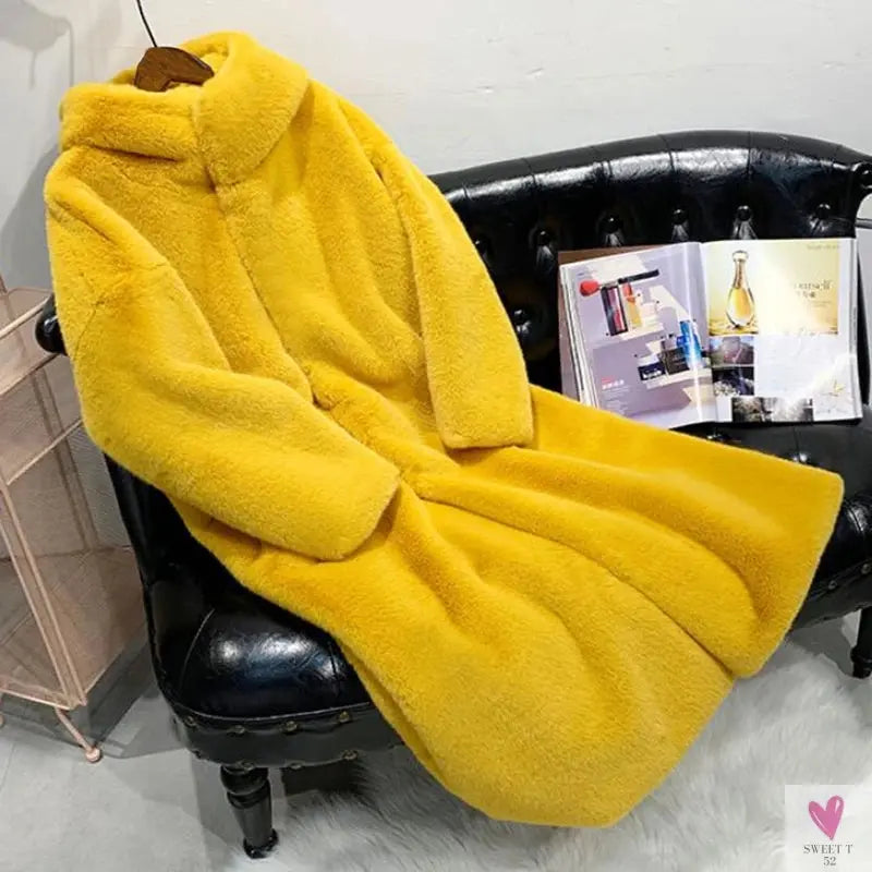 Women's Faux Rabbit Fur Coat, Luxury Long Fur Coat, Hooded OverCoat, Thick & Warm - Plus Sizes-Coats & Jackets-SWEET T 52