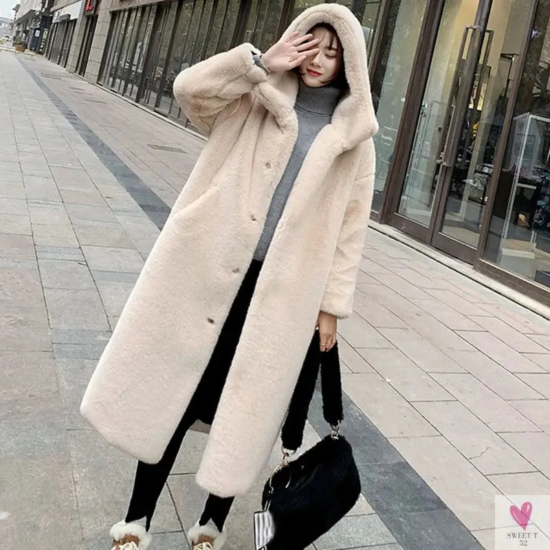 Women's Faux Rabbit Fur Coat, Luxury Long Fur Coat, Hooded OverCoat, Thick & Warm - Plus Sizes-Coats & Jackets-SWEET T 52