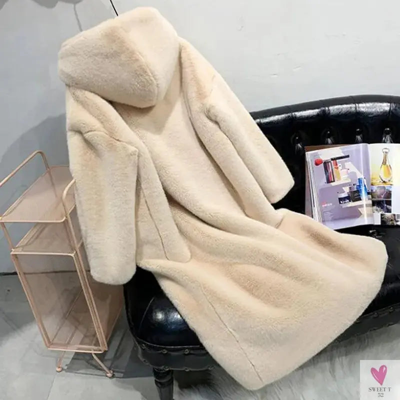 Women's Faux Rabbit Fur Coat, Luxury Long Fur Coat, Hooded OverCoat, Thick & Warm - Plus Sizes-Coats & Jackets-SWEET T 52
