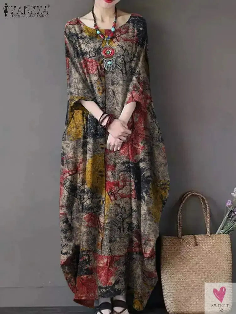 Women's Floral Printed Summer Dress, Femme Short Sleeve Long Sundress (Bohemian) Oversized Beach/Holiday Dress-Dresses-SWEET T 52