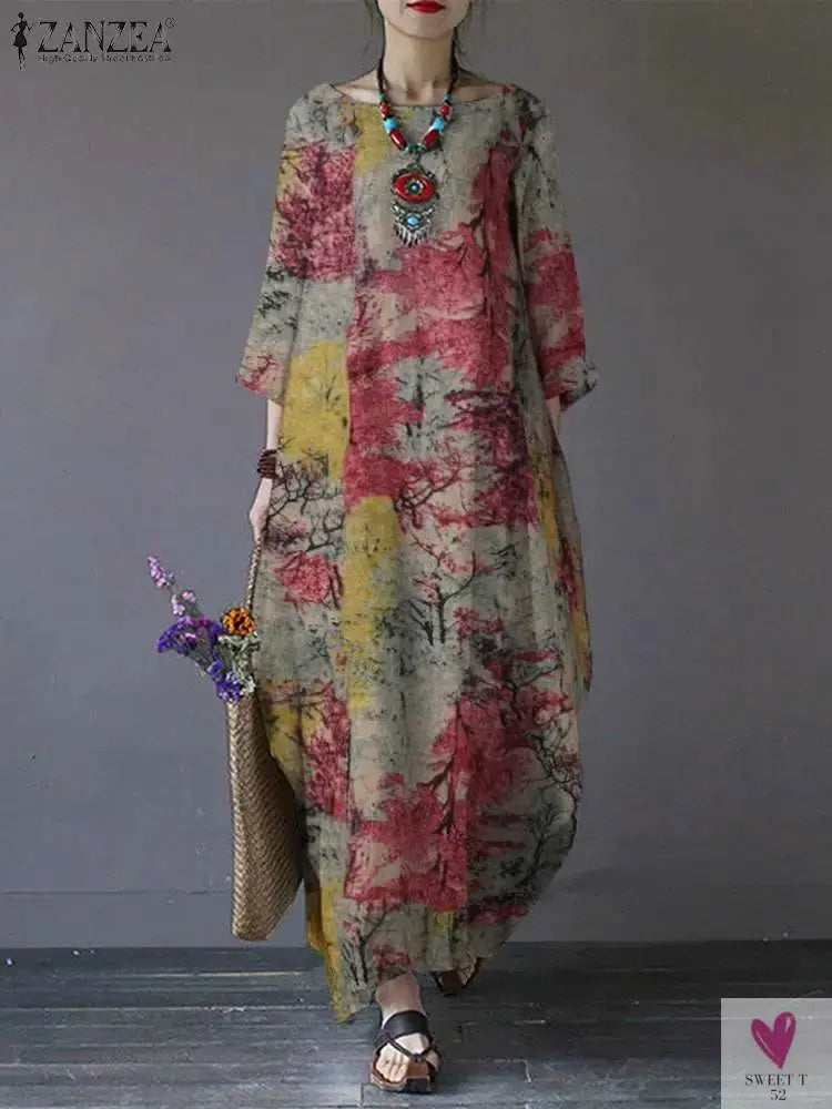 Women's Floral Printed Summer Dress, Femme Short Sleeve Long Sundress (Bohemian) Oversized Beach/Holiday Dress-Dresses-SWEET T 52