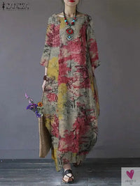 Women's Floral Printed Summer Dress, Femme Short Sleeve Long Sundress (Bohemian) Oversized Beach/Holiday Dress-Dresses-SWEET T 52