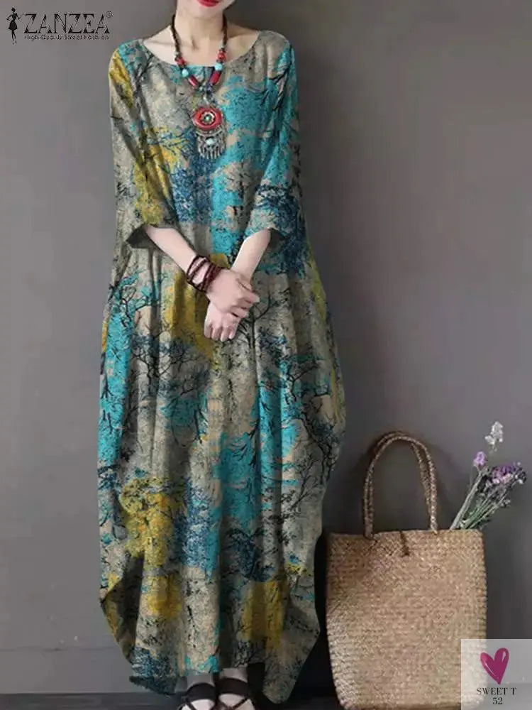 Women's Floral Printed Summer Dress, Femme Short Sleeve Long Sundress (Bohemian) Oversized Beach/Holiday Dress-Dresses-SWEET T 52