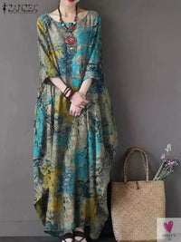 Women's Floral Printed Summer Dress, Femme Short Sleeve Long Sundress (Bohemian) Oversized Beach/Holiday Dress-Dresses-SWEET T 52