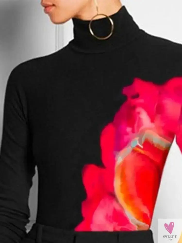 Women's Spring/Autumn Long Sleeve T-Shirts - New Fashion Contrast Color Printed, High Neck Casual Top Sweet T 52