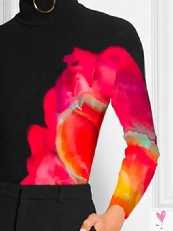 Women's Spring/Autumn Long Sleeve T-Shirts - New Fashion Contrast Color Printed, High Neck Casual Top Sweet T 52